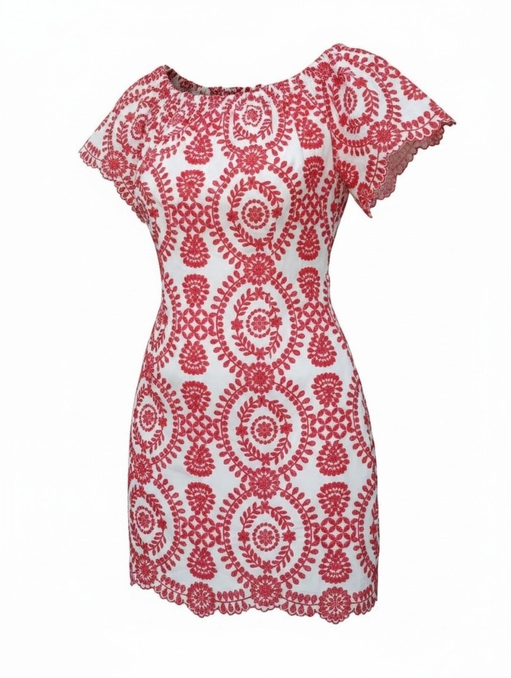 entro White Mini Dress with Red Embroidered Floral Pattern And Scalloped Hem - Picture 7 of 7